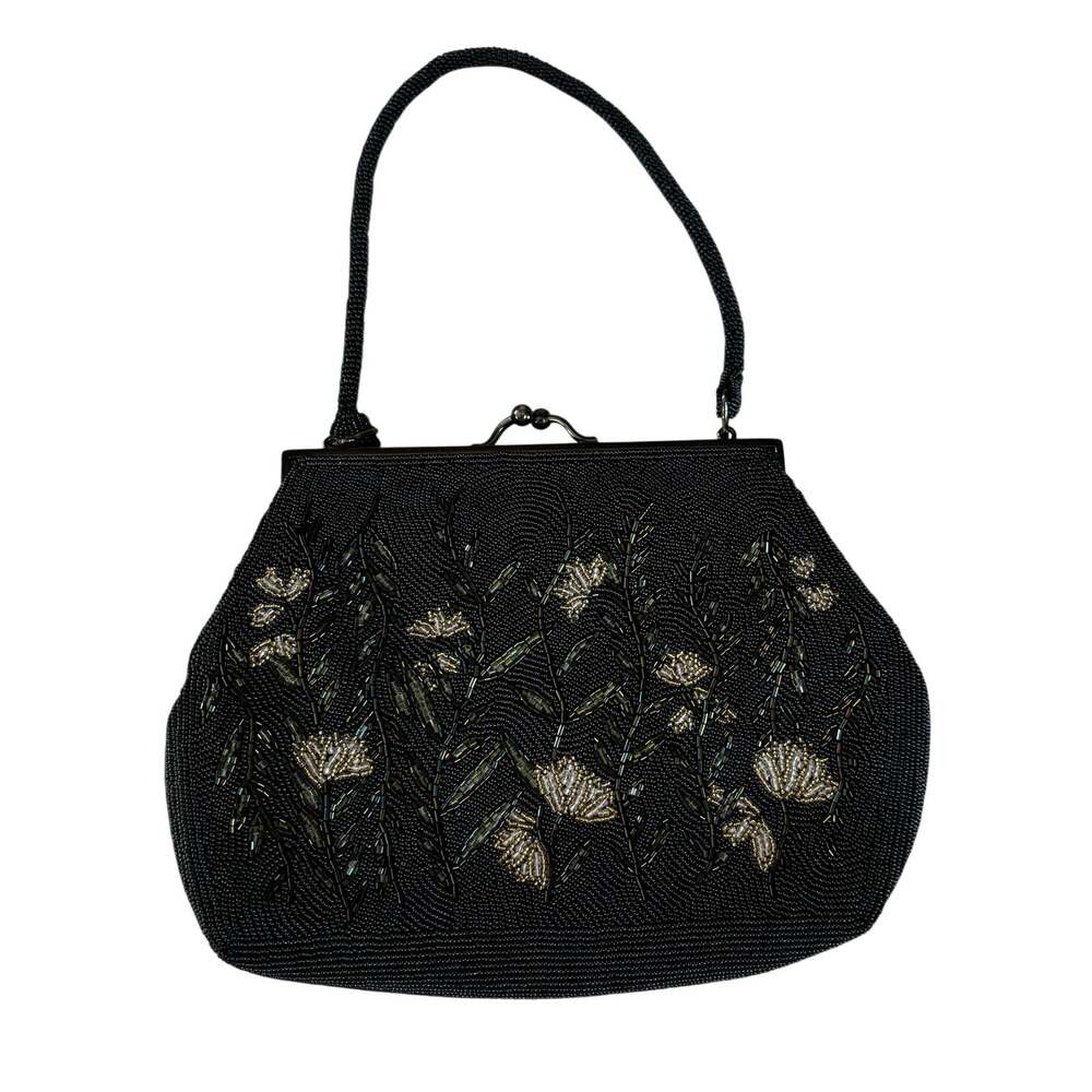 Vintage mid century beaded evening bag top handle purse black and floral design